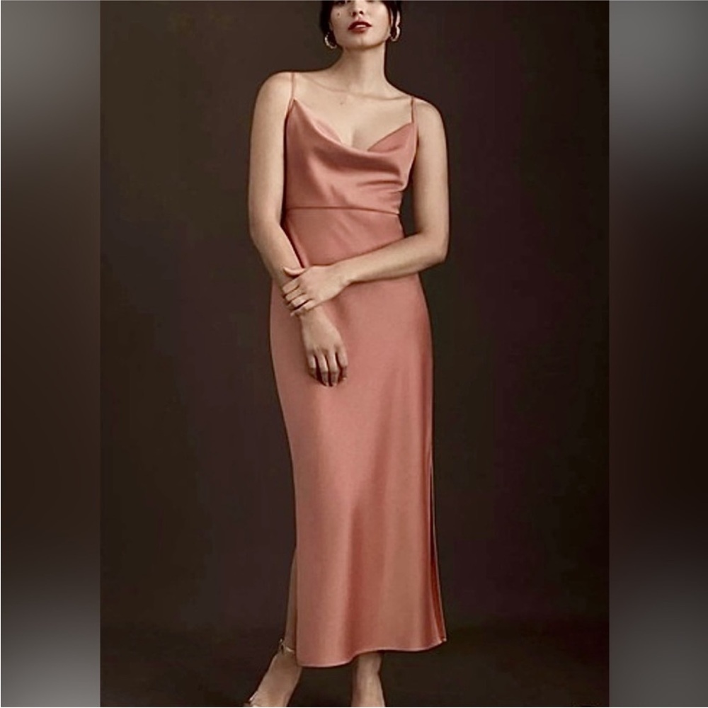 Sachin & Babi Satin Peachy Pink Cowl Neckline Elegant Charmeuse Midi Dress